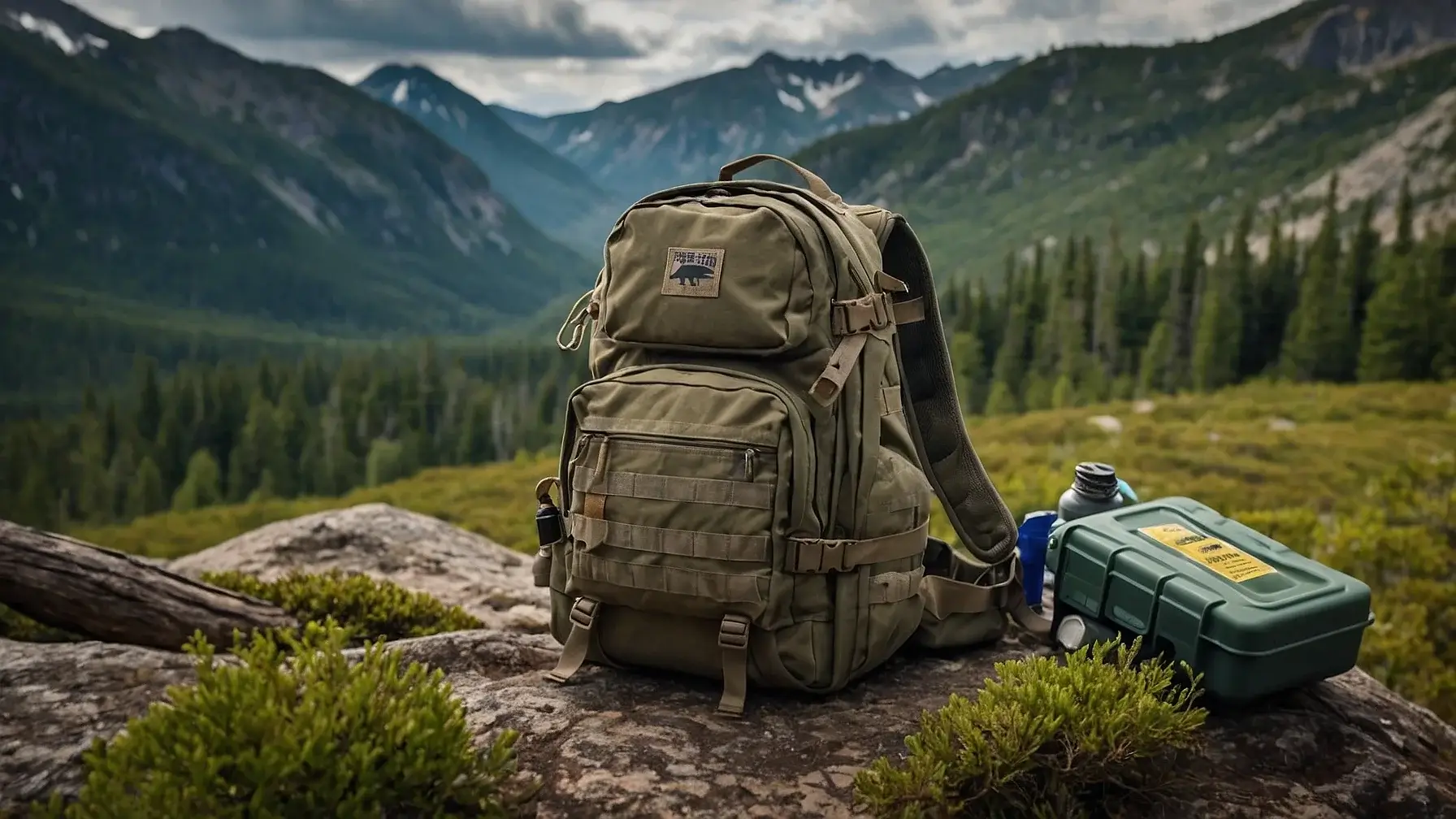 A high-quality survival backpack fully packed with essential survival gear, placed in a rugged outdoor setting.