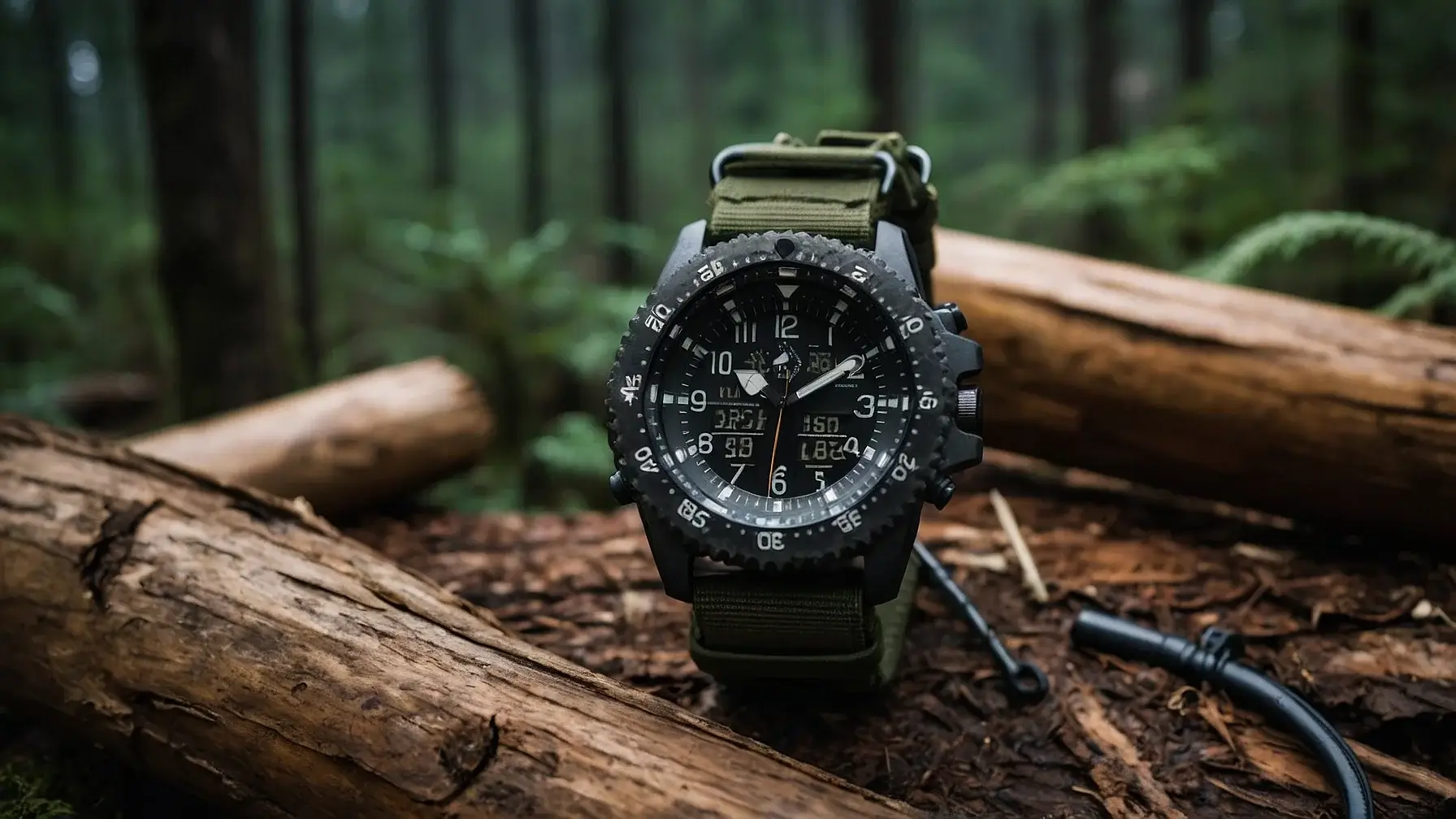 A selection of rugged survival watches with GPS, compass, and water-resistant features is displayed on outdoor terrain.