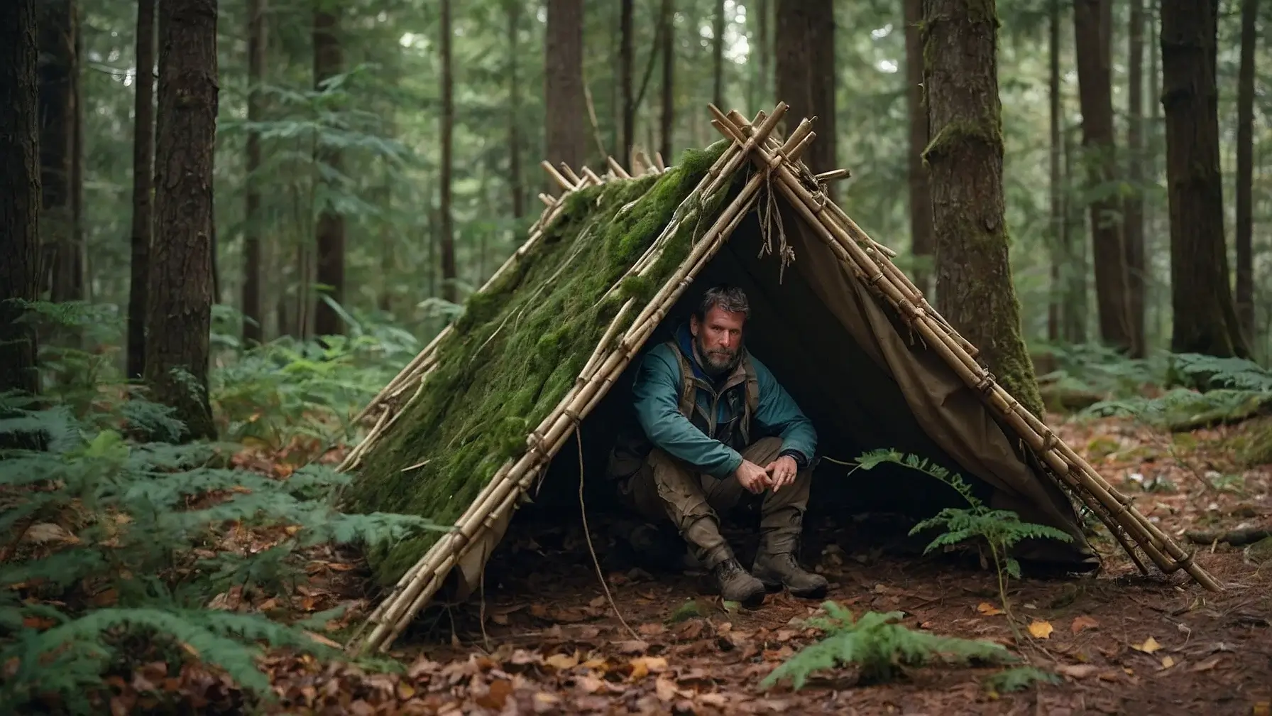 A survivalist constructed a sturdy wilderness shelter using natural materials and a tarp.