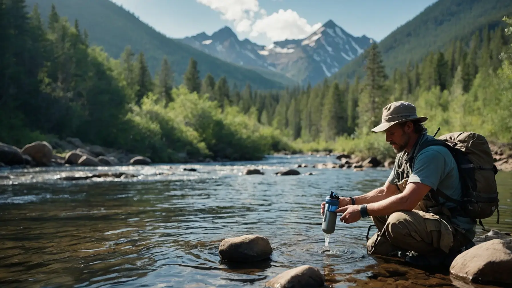 A survivalist uses a portable water filter to purify water from a river in the wilderness.