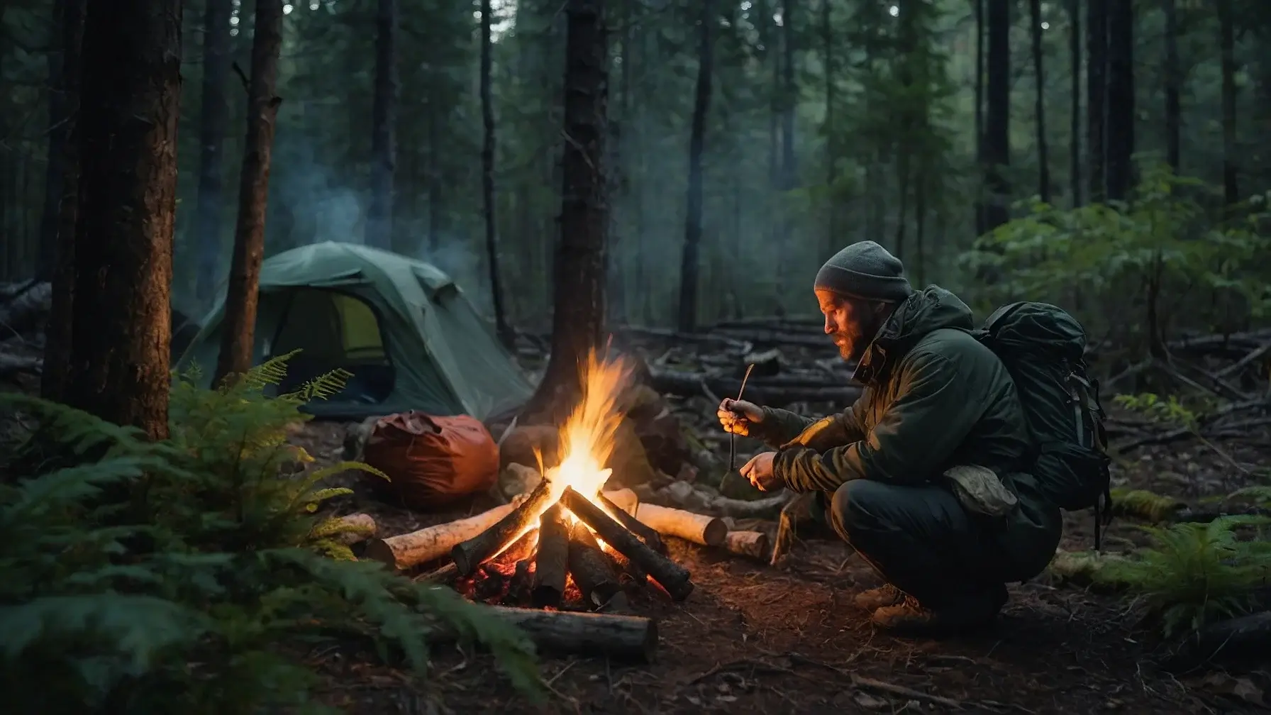 A survivalist setting up a temporary camp in the forest, preparing for an extended stay in the wild.
