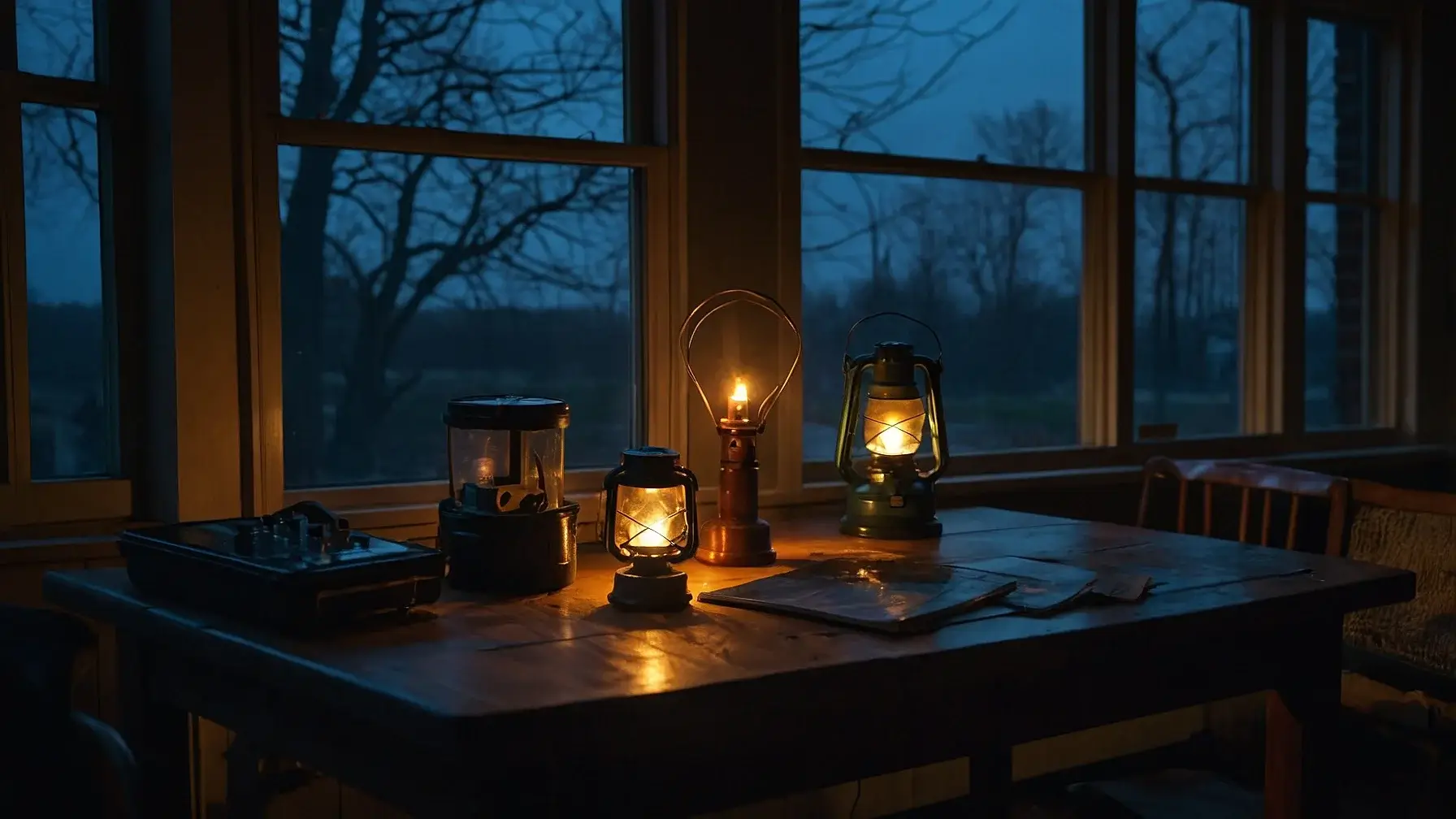 A person using candles and a flashlight to stay prepared during a power outage, surrounded by emergency supplies.