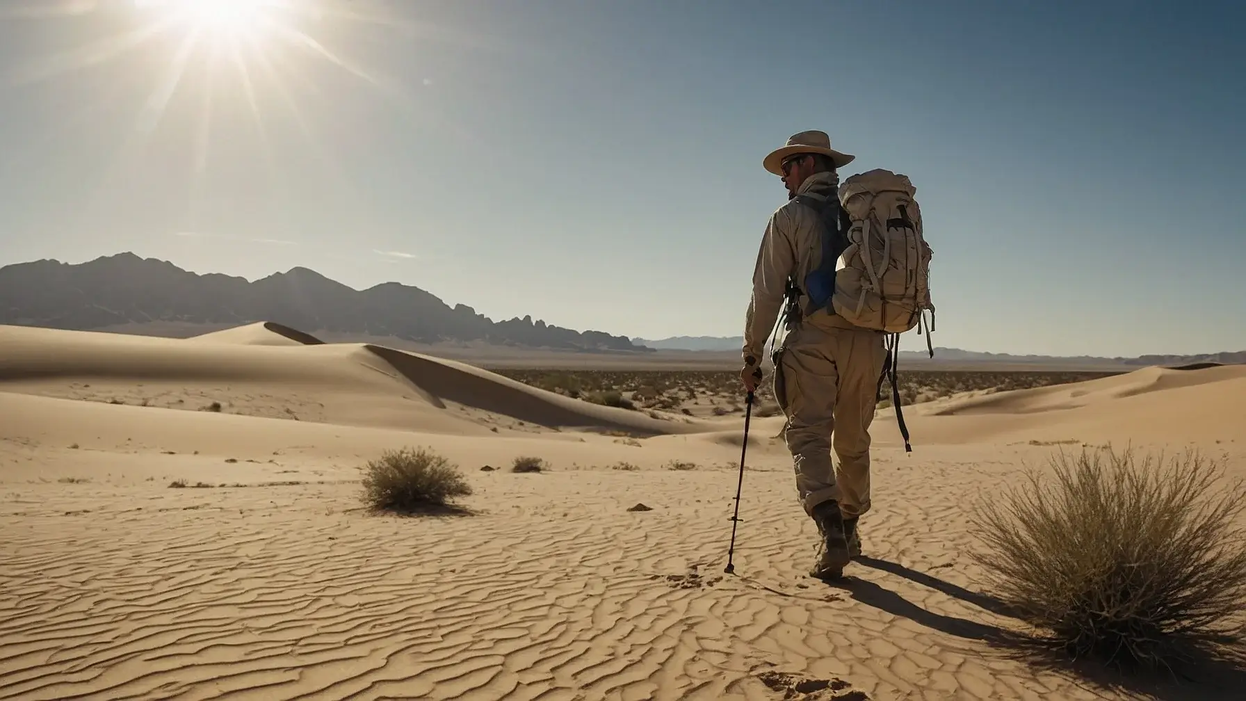 A survivalist trekking through a harsh desert landscape, equipped with essential survival gear for extreme conditions.